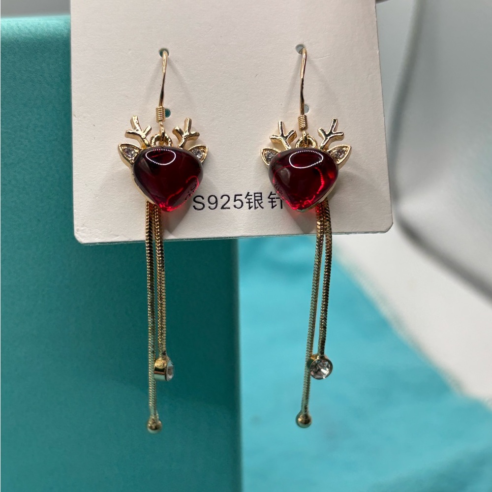 HALF OFF SALE Reindeer Drop Earrings - 925 gold plated silver antlers red heart